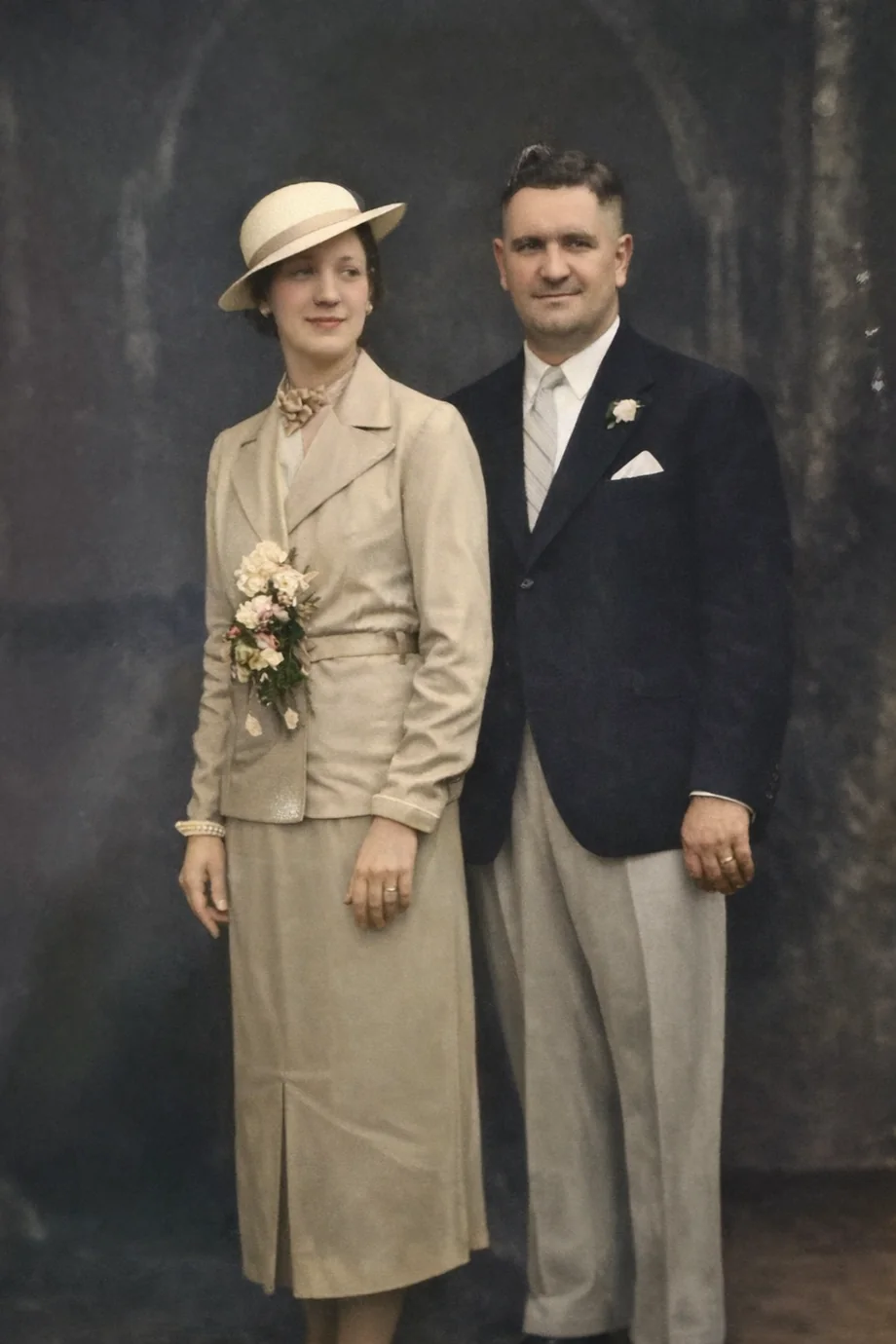 J. Morton Jackson, founder of The Jackson Family Holdings, in a studio portrait with his wife: she in a pale tailored suit and wide-brimmed hat holding a bouquet, he in a dark jacket with a boutonnière.